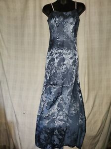 579 Vintage blue satin floral full length dress size 3