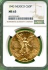MEXICO  1943  GOLD  NGC MS 63   50 PESO    1.2057 OZ  LOW MINTED