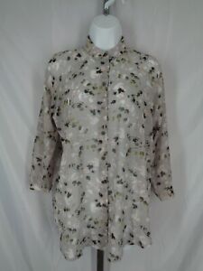 CAbi Floral Gray Sheer Matinee Button Blouse Top Size XS