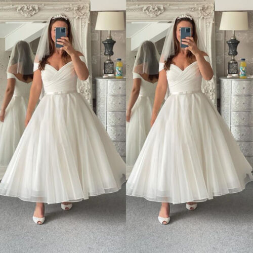 Tea Length Wedding Dresses Off the Shoulder Tulle Mid Calf Country Bridal Gowns