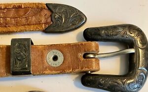 Vintage Ranger Belt Buckle 3 piece Set Sterling Light Brown Leather 30 in
