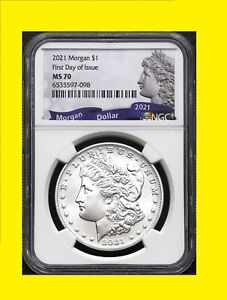 New Listing2021  MORGAN P SILVER $1 DOLLAR NGC MS-70 FIRST DAY OF ISSUE RARE BLUE LABEL
