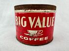 Vintage Big Value 1 Lb Coffee Can Tin Key Wind Advertising No Lid