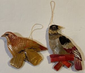 Lot of 2 Vintage Bird Bamboo Woven Straw Painted Christmas Ornaments