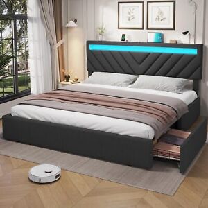 King Size Bed Frame with Storage Drawers & LED Lights Upholstered Headboard
