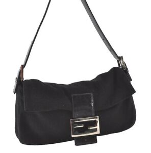 Authentic FENDI Mamma Baguette Shoulder Hand Bag Felt Leather Black 0427J