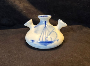 Vintage Blue & White Delft Style Porcelain Triple Tulipiere Vase Sailing Ship