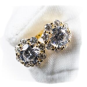 Men's Large Flower Set Gold Plated 925 Sterling Silver Iced Cz Cluster Earrings