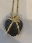 Joan Rivers Heart Pendant Gold Tone Black Obsidian Rhinestone Necklace 30 inches