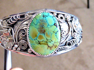 SIGNED LARRY BEGAY NAVAJO OLD PAWN TURQUOISE STERLING CUFF BRACELET