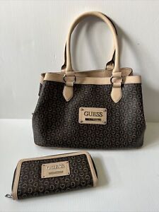 Guess Logo Prints Beige Black Handbag And Matching Wallet