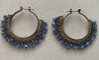 Vintage Blue Glass Beaded Dangle Pierced Earrings Gold Tone Hoops Bohemian