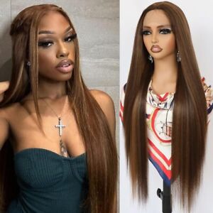 Synthetic Lace Frontal Wigs Glueless Heat Resistant Natural Brown Long Straight
