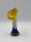 Hand Blown Glass Tulip Vase Blue/Yellow/White Just Under 8”