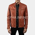 Men's Genuine Sheepskin Leather Jacket Biker Motorcycle TAN Brown Slim fit Coat