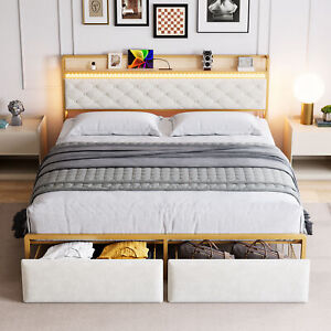 Full / Queen Size Bed Frame with LED Upholstered Headboard 2 Drawers Platform