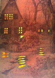 1910 HOLD TO THE LIGHT HTL MERRY CHRISTMAS HOUSE STAINED GLASS WINDOWS POSTCARD
