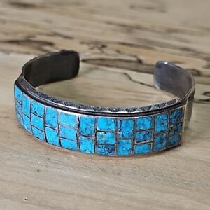 Old Indian Pawn Turquoise Inlay 925 Sterling Cuff Bracelet 26g IP250