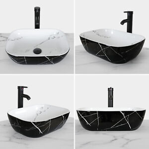 ELECWISH Bathroom Vessel Sink Black Ceramic Counter Top Basin Bowl w/ Faucet