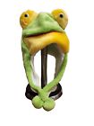 Plush Fleece Animal Hat Green Frog with Pom Poms Fleece lined