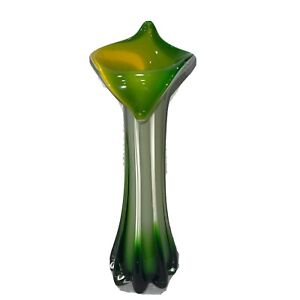 Jack In The Pulpit Vase - 11.5H - Yellow Green White - Ribbed Blown Glass