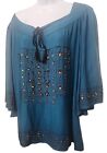 Scully Boho Peasant Tunic Top Embroidered Sequins Flare Sleeves Blue Size Large