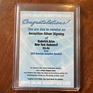 2023 Bowman Inception Roderick Arias Auto Silver Signings Yankees #/100 #ISS-RA