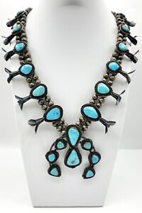 Navajo Heavy Large Sterling Silver Blue Turquoise Squash Blossom Necklace 34”