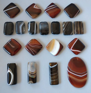 Lot of 19 Agate Beads Pendants Large Striped Black Brown Gray Rectangles