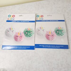 Puff balls paper decorations by party 321 pastel unicorns white pink & green D0