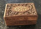 Vintage Indian Wood Hand Carved Shell Inlaid Jewelry Box Hinged Lid Stamped