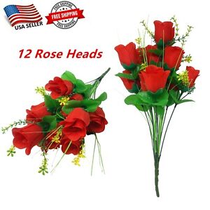 12 Red Rose Buds, Artificial Silk Flowers, Wedding Bouquets, Home, Faux Roses
