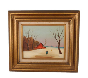 Small Vintage Original Oil Painting Landscape Man Walking In The Snow By Jacobi