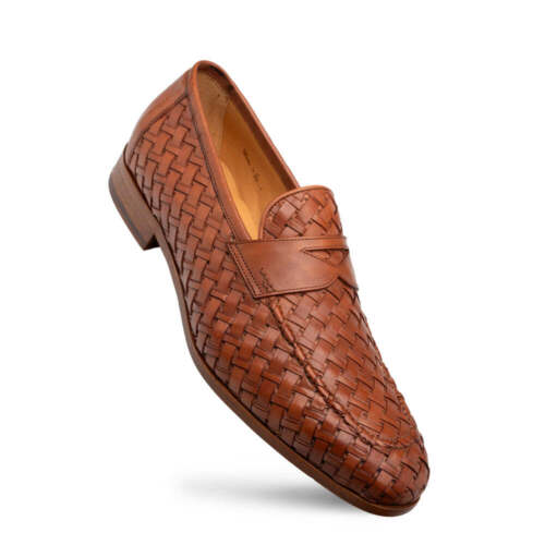 NEW Mezlan Dress Slip On Shoes Solomeo Woven Leather Penny Loafers Cognac Brown