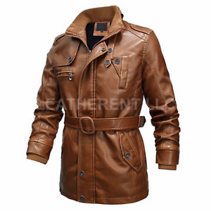 Mens Classic Retro Style Motorcycle Belted Windbreaker Leather Trench Coat