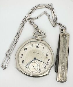 Art Deco 12s Waltham Pocket Watch w/ Knife & Chain 14k Gold Filled Patented Case