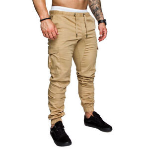 Men Cargo Drawstring Pant Joggers Elastic Pants Pocket Casual Trousers Sports