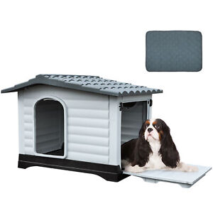 36'' Large Double Door Dog House with Porch & Cushion Outdoor Plastic Doghouse