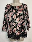 Skies Are Blue Small Blouse Black Pink Floral 3/4 Sleeve Satin Top Lace Trim