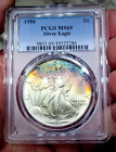1986 Silver Eagle $1 Beautiful NEON Rainbow Toned PCGS MS69 & Perfect Holder!