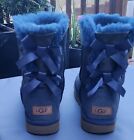 UGG Womens Boots Size 9 Blue Bailey Bow Short Suede Shearling Fur Lined