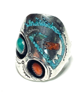 Signed Old Pawn Southwest Coral Turquoise Sterling Silver Ring (Sz 10.5) E207