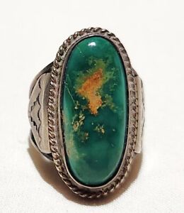 Fred Harvey Era Coin Silver Navajo Stamped King's Manassa Turquoise Ring