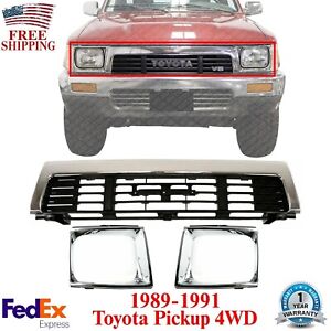 Front Bumper Center Grille + Headlight Bezels For 1989-1991 Toyota Pickup 4WD (For: 1991 Toyota Pickup)