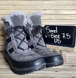 Womens Sorel Tivoli II Gray Suede Waterproof Faux Fur Snow Winter Boots Size 7.5