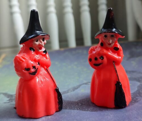 2 Vintage 1950 Hard Plastic Orange & Black Witches Halloween