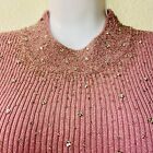 VTG Sweater Shirt Womans XL Ribbed Knit Pink Beaded Rhinestones Metallic Shimmer