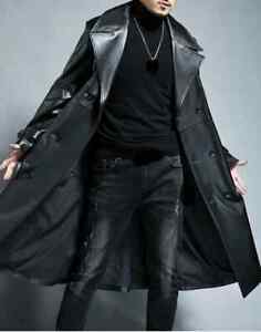Stylish Men Long Trench Coat Genuine Lambskin Leather Coat Black Handmade Formal
