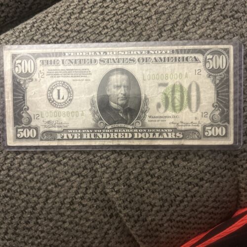 1934 500 dollar bill 2 Digit Serial Number  RARE #00008000A