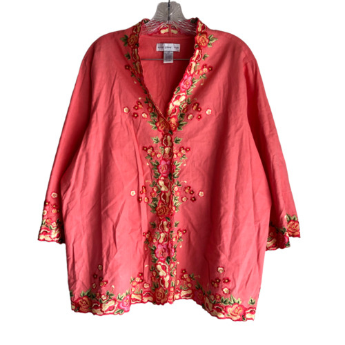 Susan Graver Women's Blouse Plus 2X Floral Embroidered Linen Rayon 3/4 Sleeve